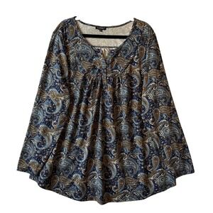 a. Jesdani Blue Paisley Split V Neck Long Sleeve Blouse‎ Top 4X Boho Chic Retro
